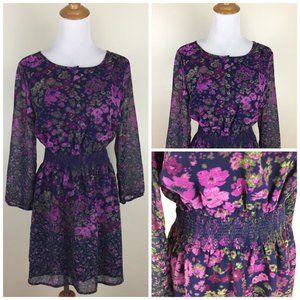 LUCKY BRAND Floral Print Shirred/Smocked Waist Long Sleeve Dress